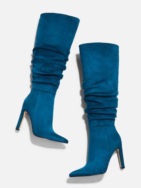 slouchy stiletto boot suede knee high solid blue side zipper pointed toe winter woman shoes pleated casual dress office lady, Black